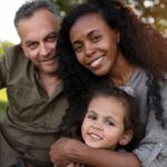 Família de quatro pessoas posando para foto em ambiente arborizado